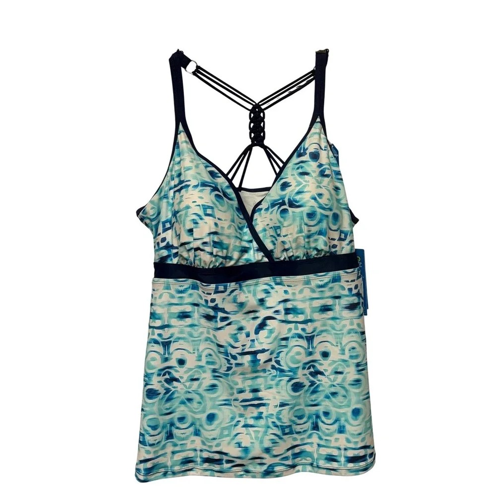 Free Country Aquatopia Tankini Top Aqua Mirage Blue White Strappy‎ Back XXL New